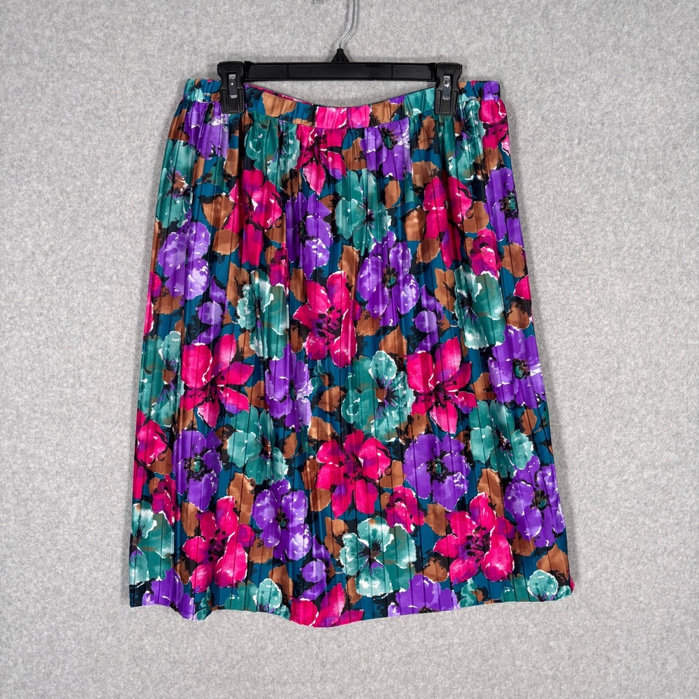 Vintage Blair Pleated Floral Midi Skirt Large Purple Turquoise 80s 90s Grandma